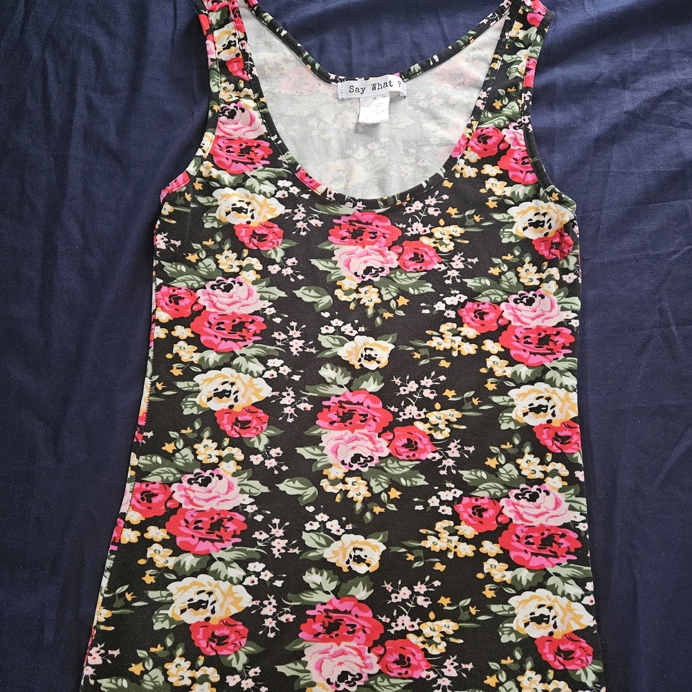 Say What? Black Tank Top with Pink and Cream Floral Design